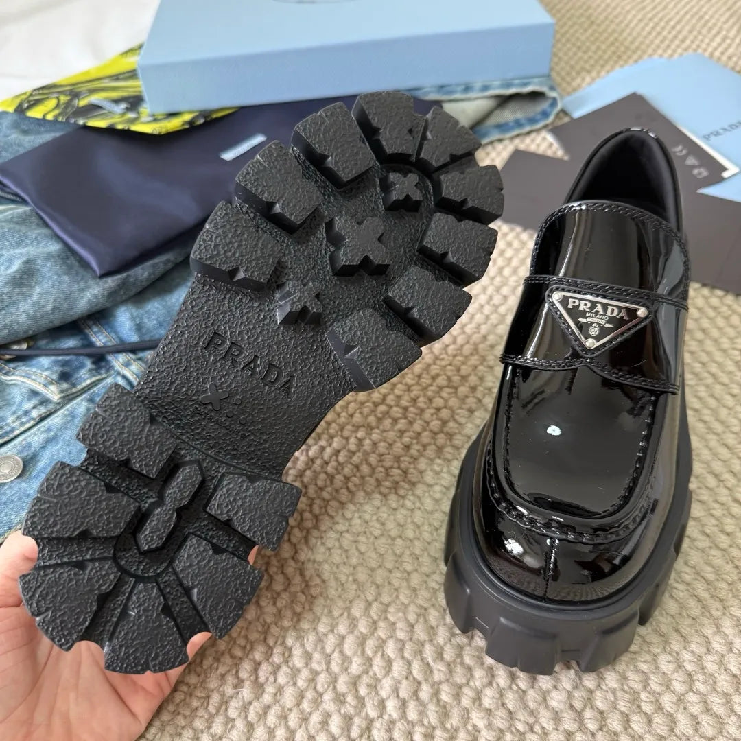 Prada Women's Triangle Logo Loafers Waxed Cowhide 385370