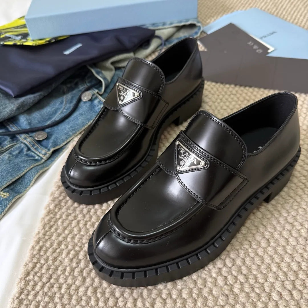 Prada Women's Triangle Logo Loafers Waxed Cowhide 385376