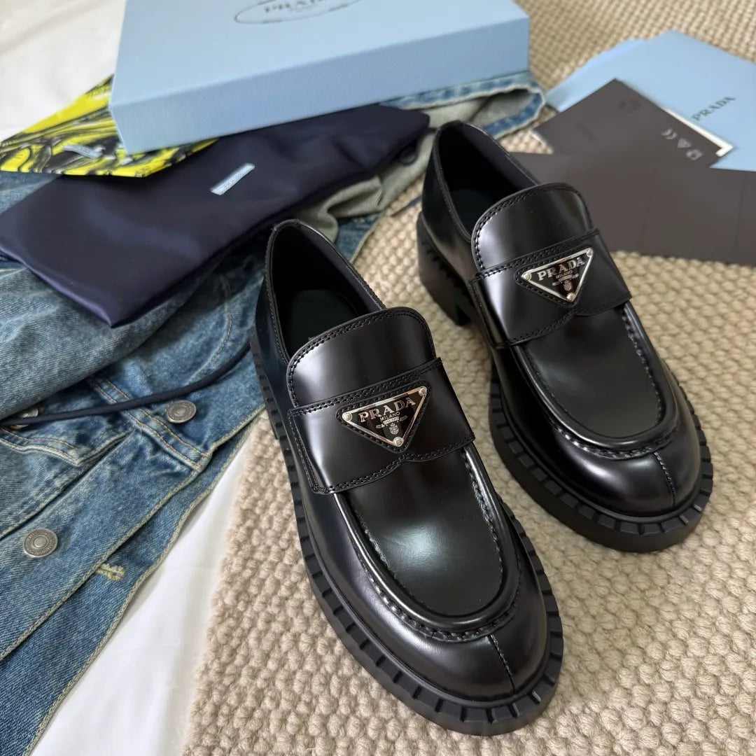 Prada Women's Triangle Logo Loafers Waxed Cowhide 385376