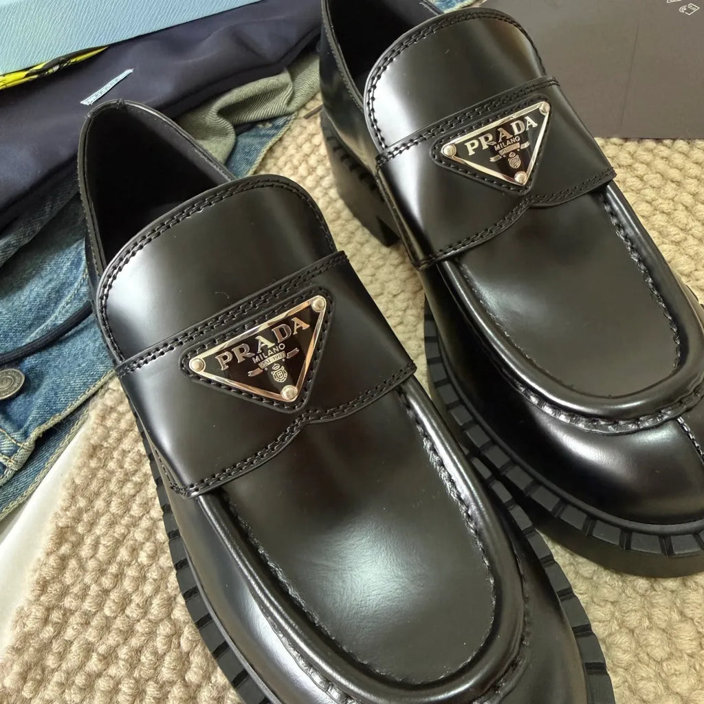 Prada Women's Triangle Logo Loafers Waxed Cowhide 385376
