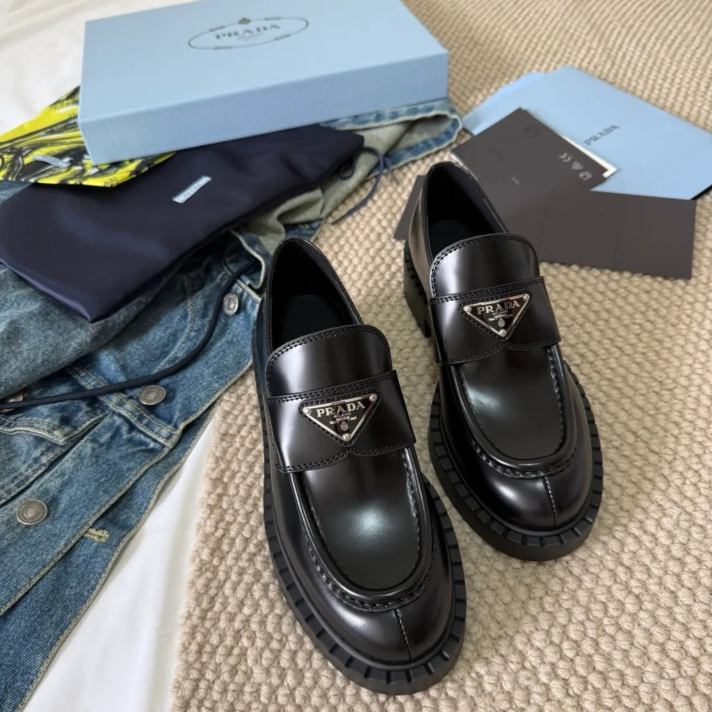 Prada Women's Triangle Logo Loafers Waxed Cowhide 385376