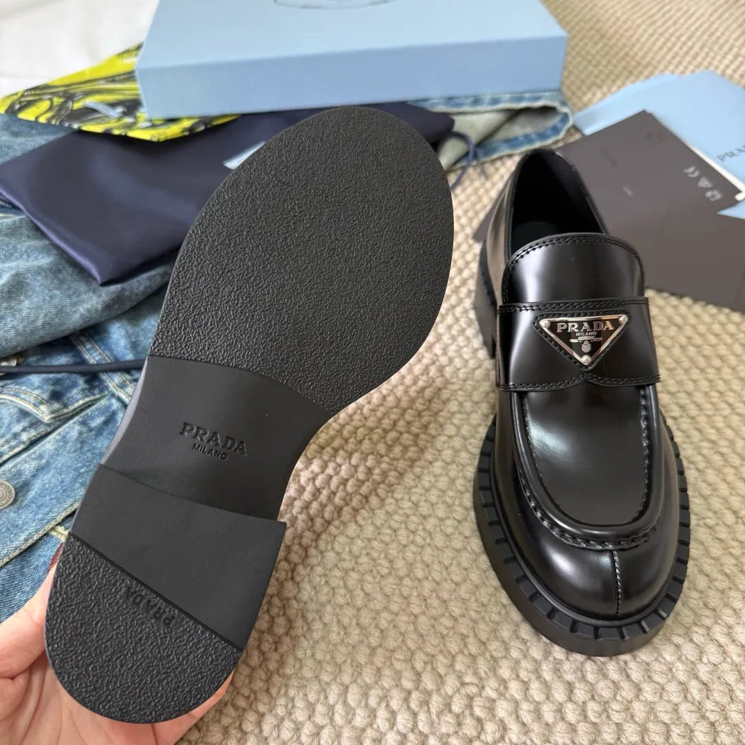 Prada Women's Triangle Logo Loafers Waxed Cowhide 385376