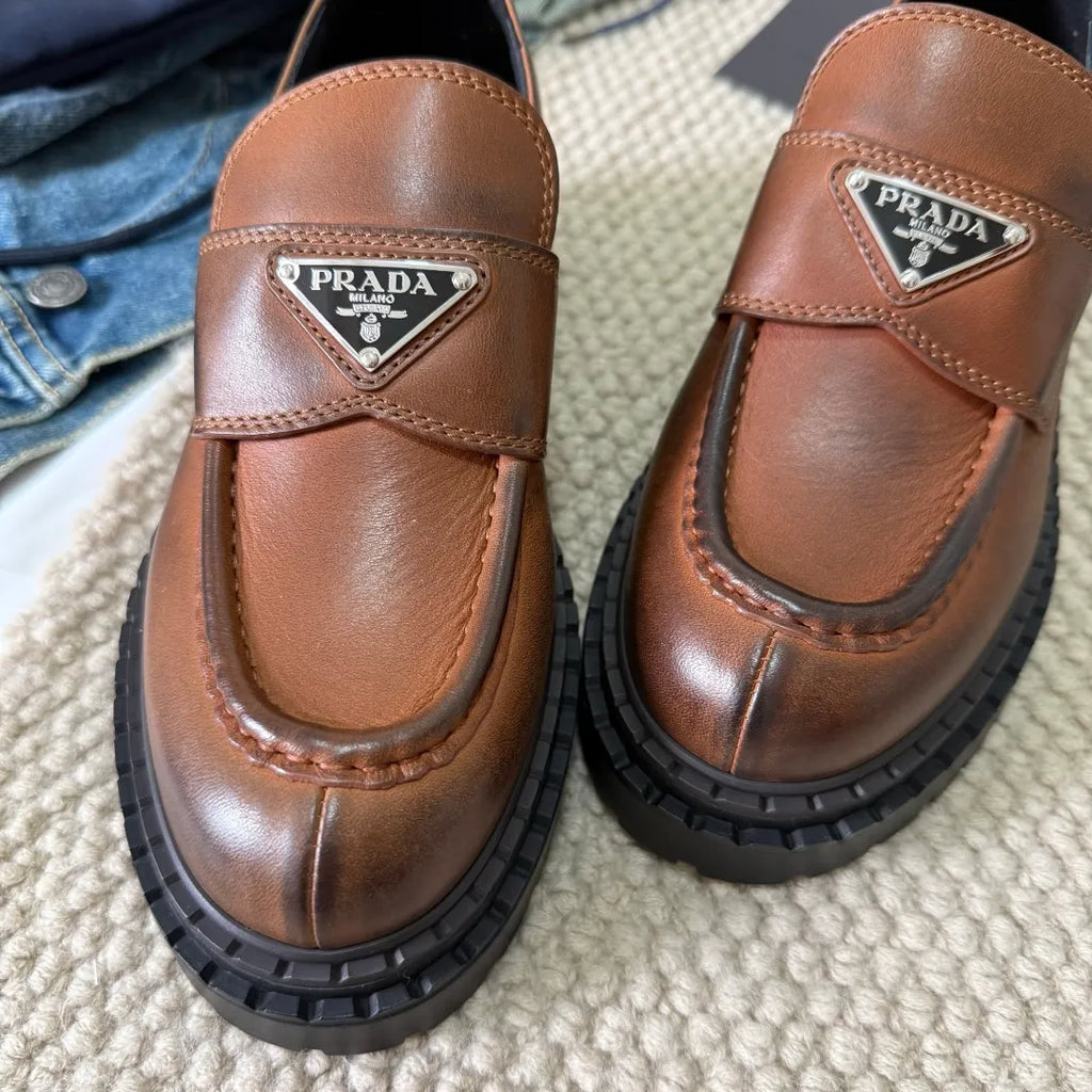 Prada Women's Triangle Logo Loafers Waxed Leather 379802