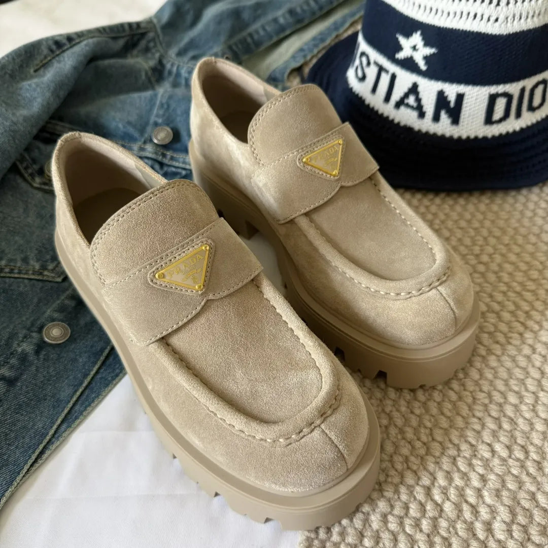 Prada Women's Triangle Logo Loafers Waxed Leather 385359