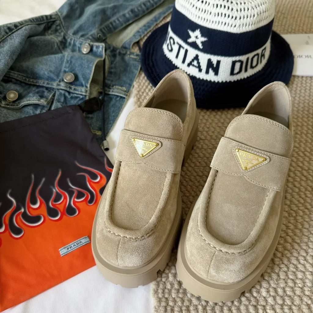 Prada Women's Triangle Logo Loafers Waxed Leather 385359
