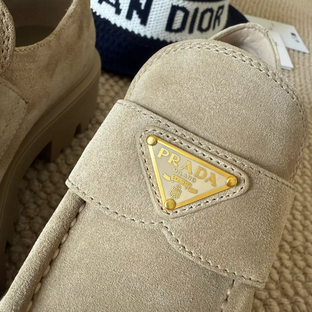 Prada Women's Triangle Logo Loafers Waxed Leather 385359
