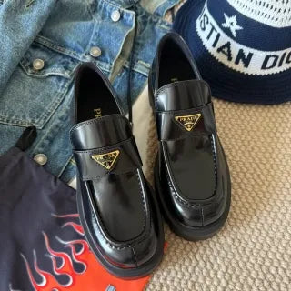 Prada Women's Triangle Logo Loafers Waxed Leather 385361