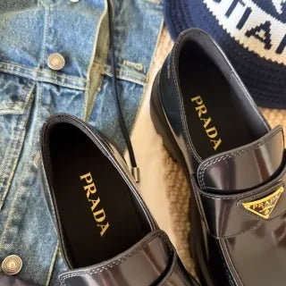 Prada Women's Triangle Logo Loafers Waxed Leather 385361