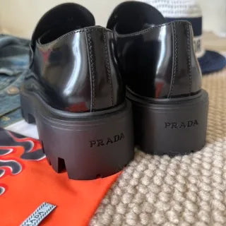 Prada Women's Triangle Logo Loafers Waxed Leather 385361