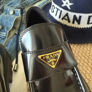 Prada Women's Triangle Logo Loafers Waxed Leather 385361