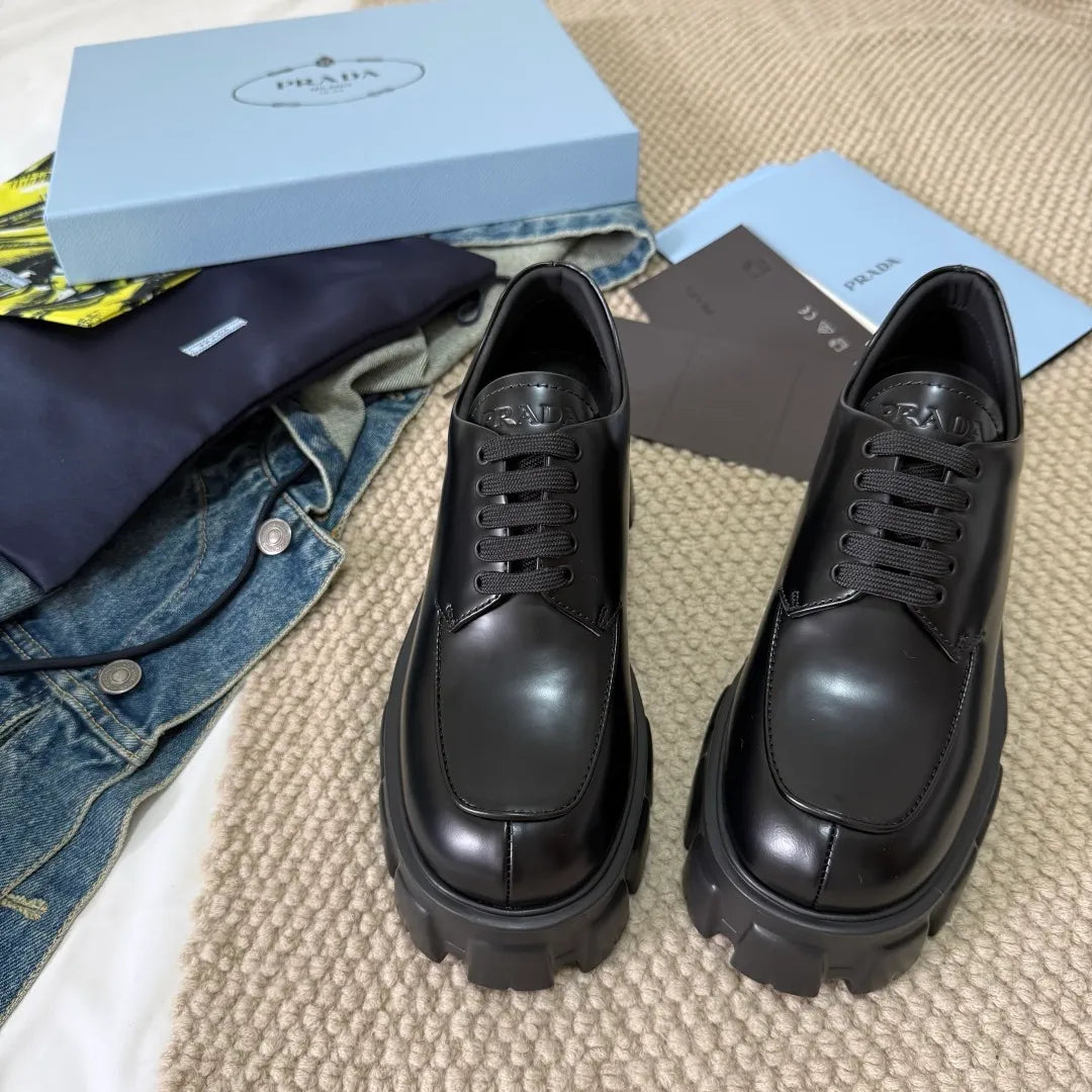Prada Women's Triangle Logo Loafers Waxed Leather 385368