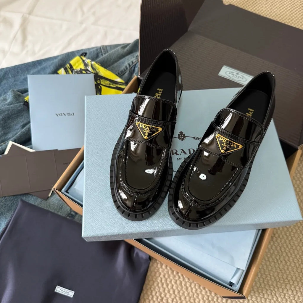 Prada Women's Triangle Logo Loafers Waxed Leather 385374