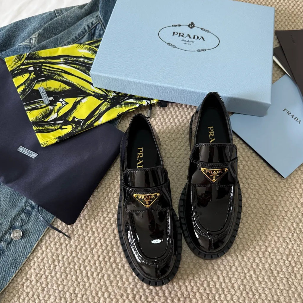 Prada Women's Triangle Logo Loafers Waxed Leather 385374