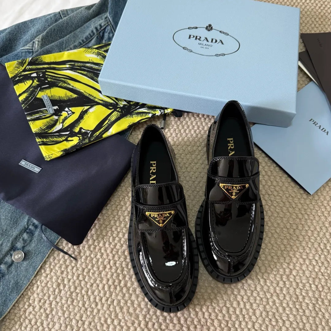 Prada Women's Triangle Logo Loafers Waxed Leather 385374