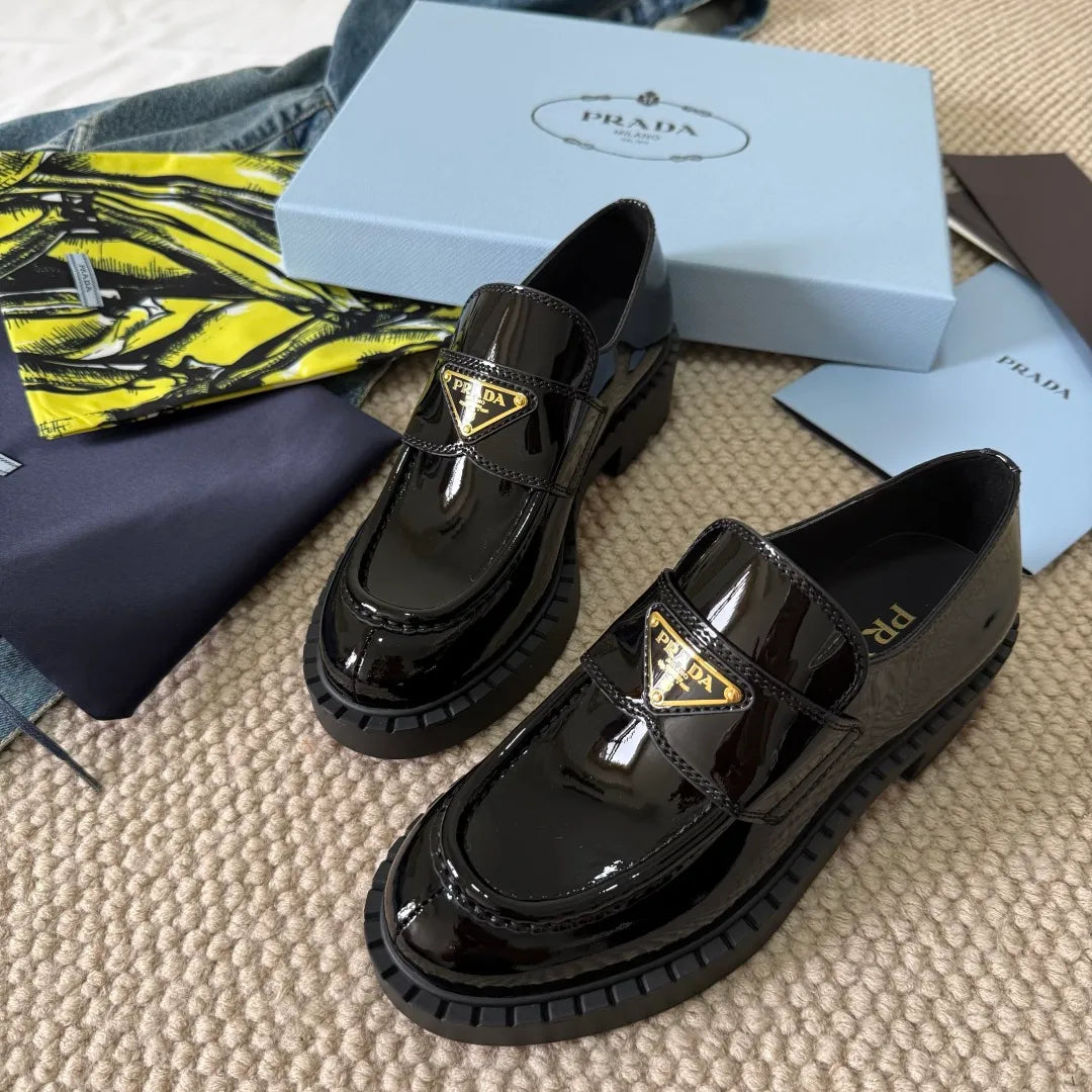 Prada Women's Triangle Logo Loafers Waxed Leather 385374