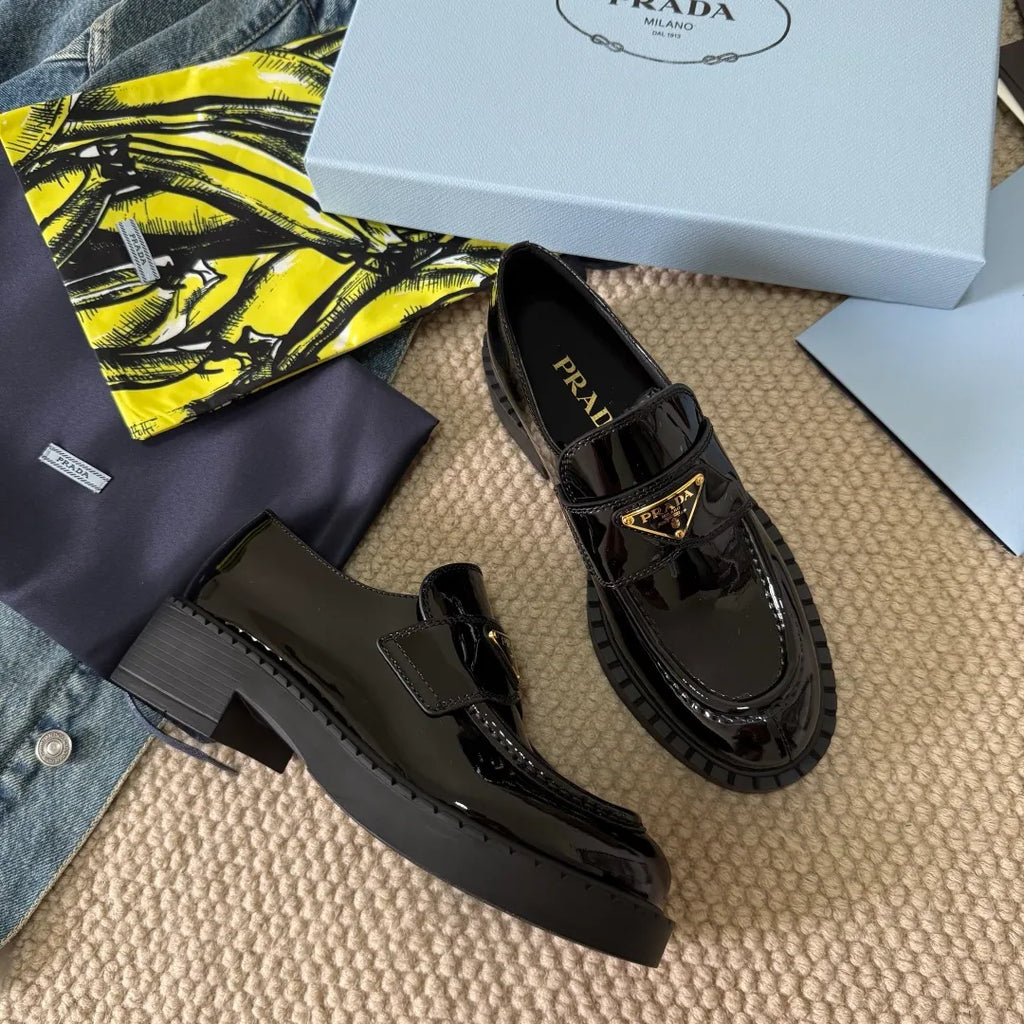 Prada Women's Triangle Logo Loafers Waxed Leather 385374
