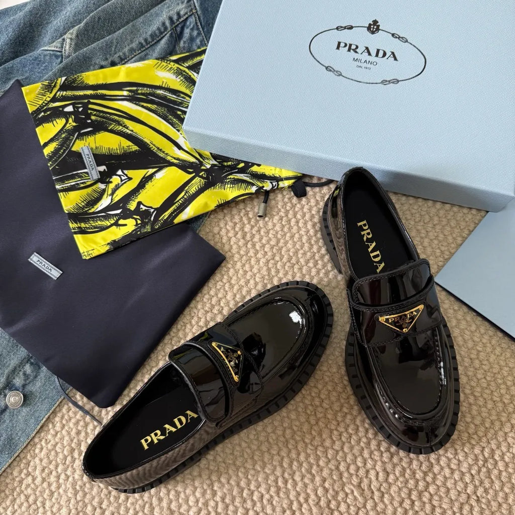 Prada Women's Triangle Logo Loafers Waxed Leather 385374