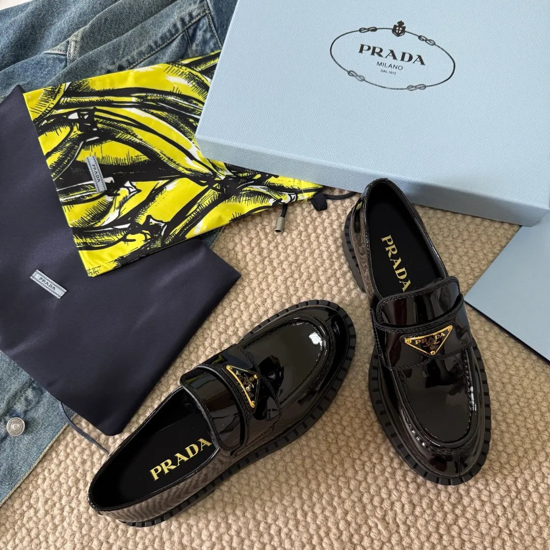 Prada Women's Triangle Logo Loafers Waxed Leather 385374