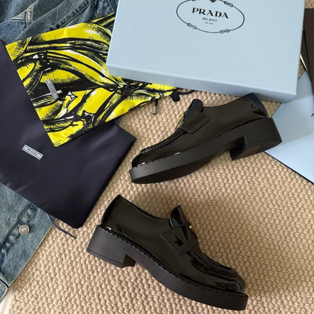 Prada Women's Triangle Logo Loafers Waxed Leather 385374