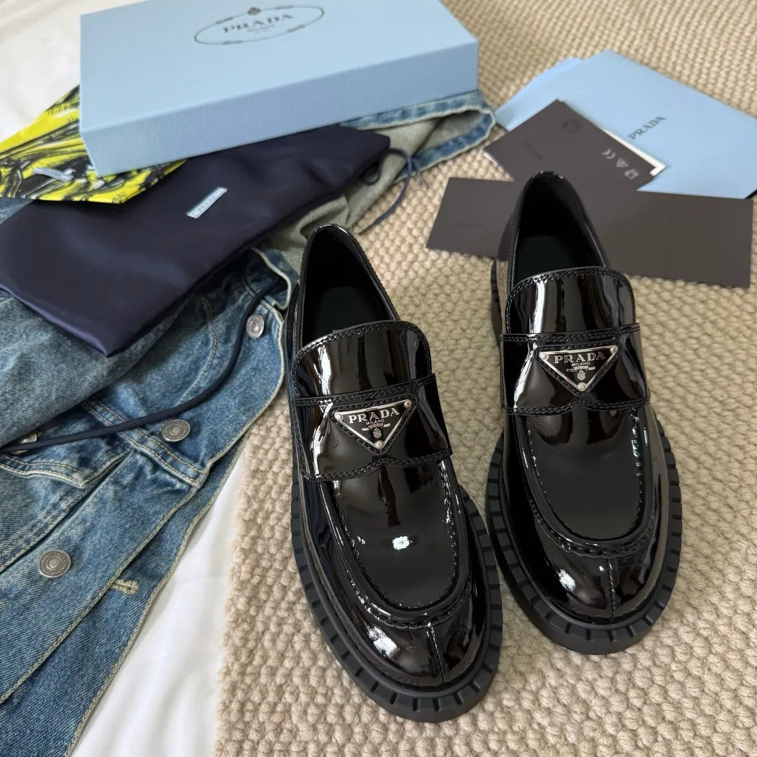 Prada Women's Triangle Logo Loafers Waxed Leather 385377