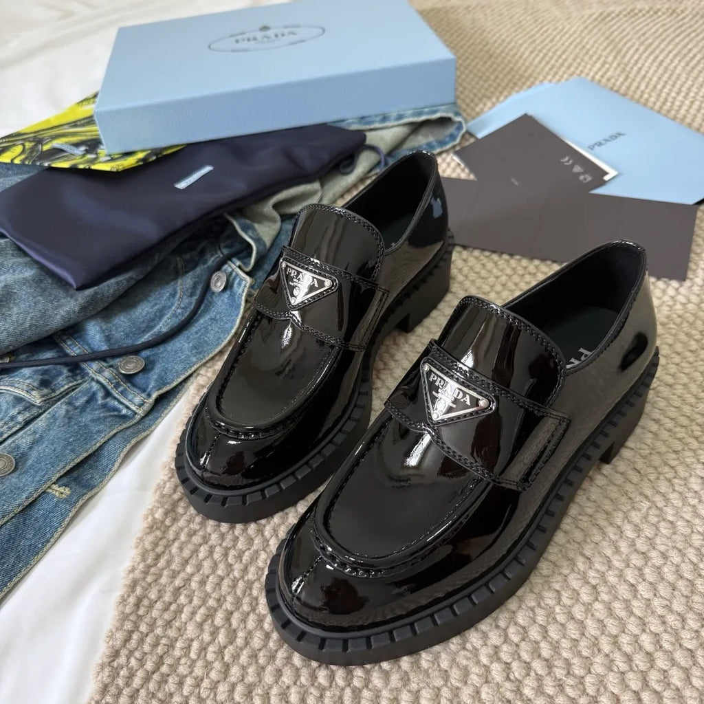 Prada Women's Triangle Logo Loafers Waxed Leather 385377