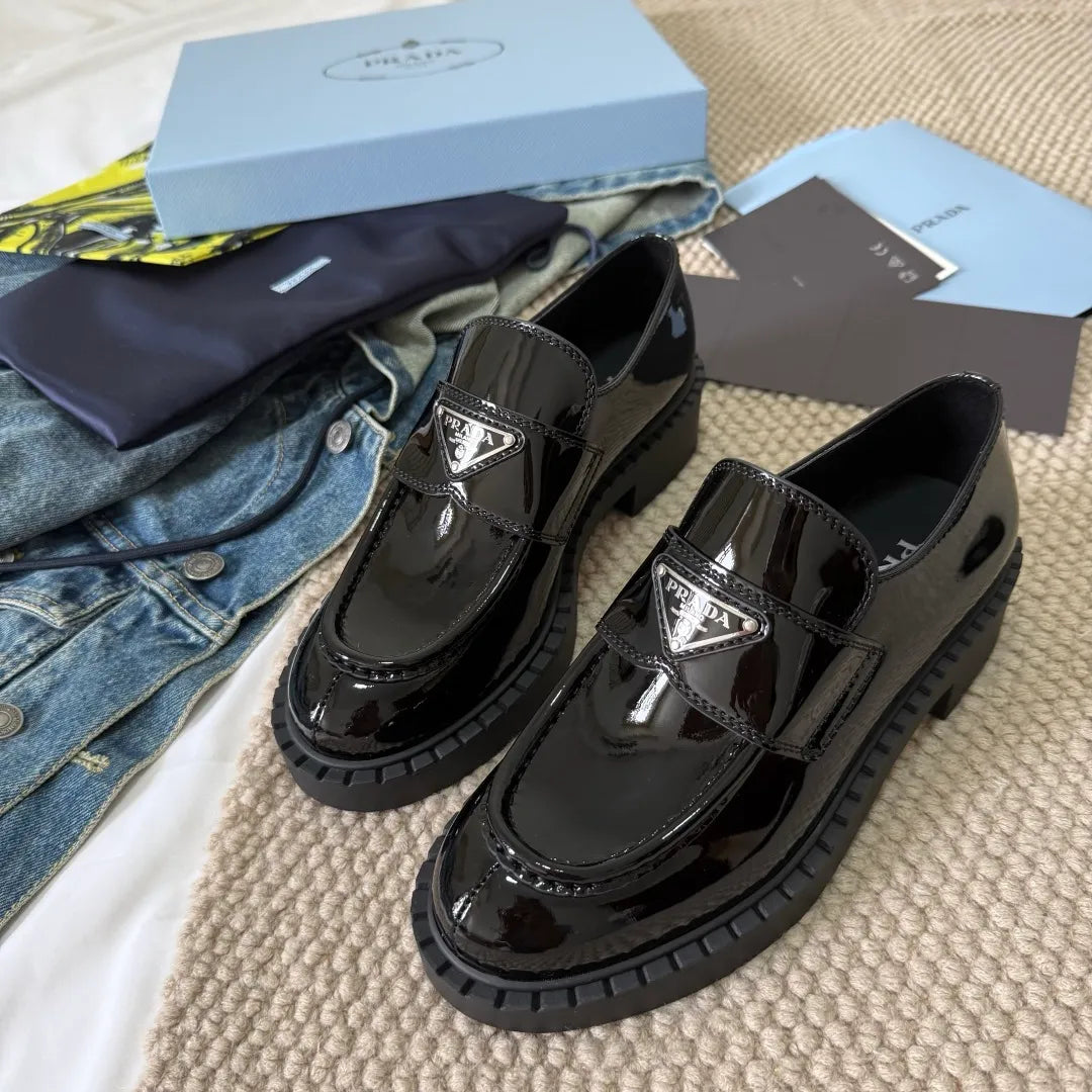 Prada Women's Triangle Logo Loafers Waxed Leather 385377