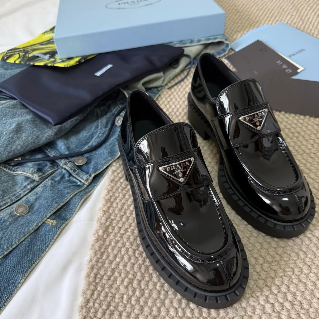 Prada Women's Triangle Logo Loafers Waxed Leather 385377