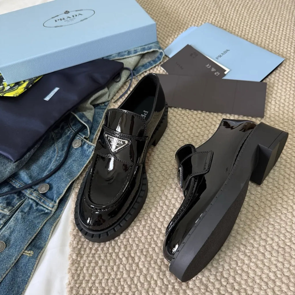 Prada Women's Triangle Logo Loafers Waxed Leather 385377