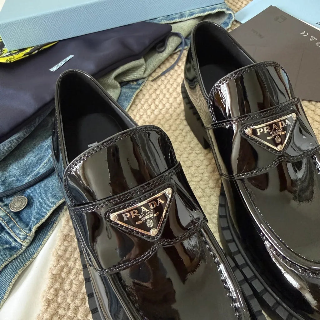 Prada Women's Triangle Logo Loafers Waxed Leather 385377