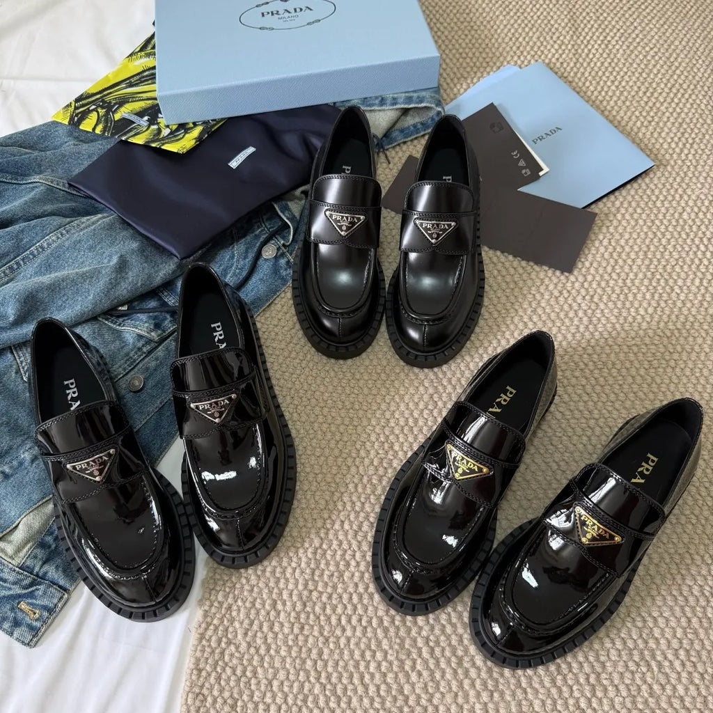 Prada Women's Triangle Logo Loafers Waxed Leather 385377