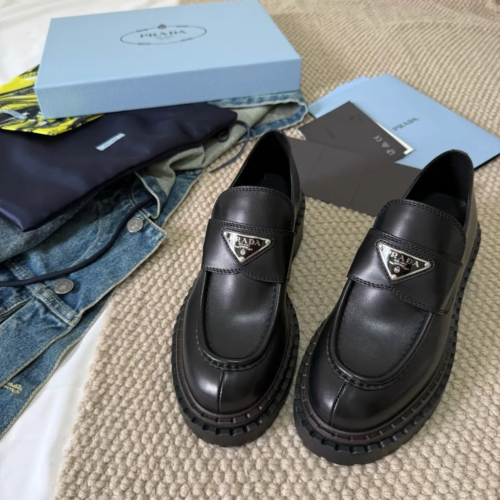 Prada Women's Triangle Logo Loafers Waxed Leather 385378