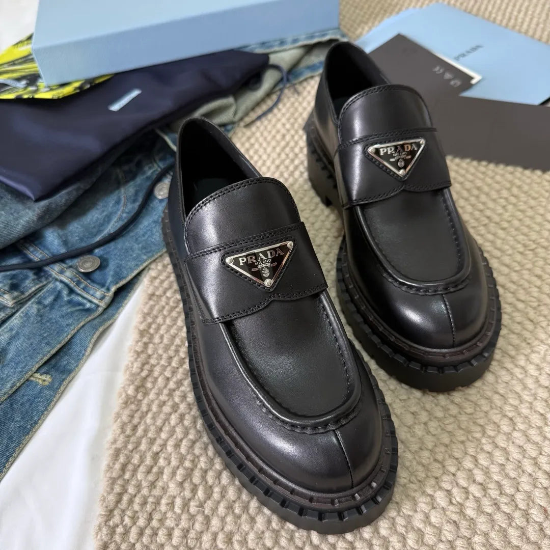 Prada Women's Triangle Logo Loafers Waxed Leather 385378