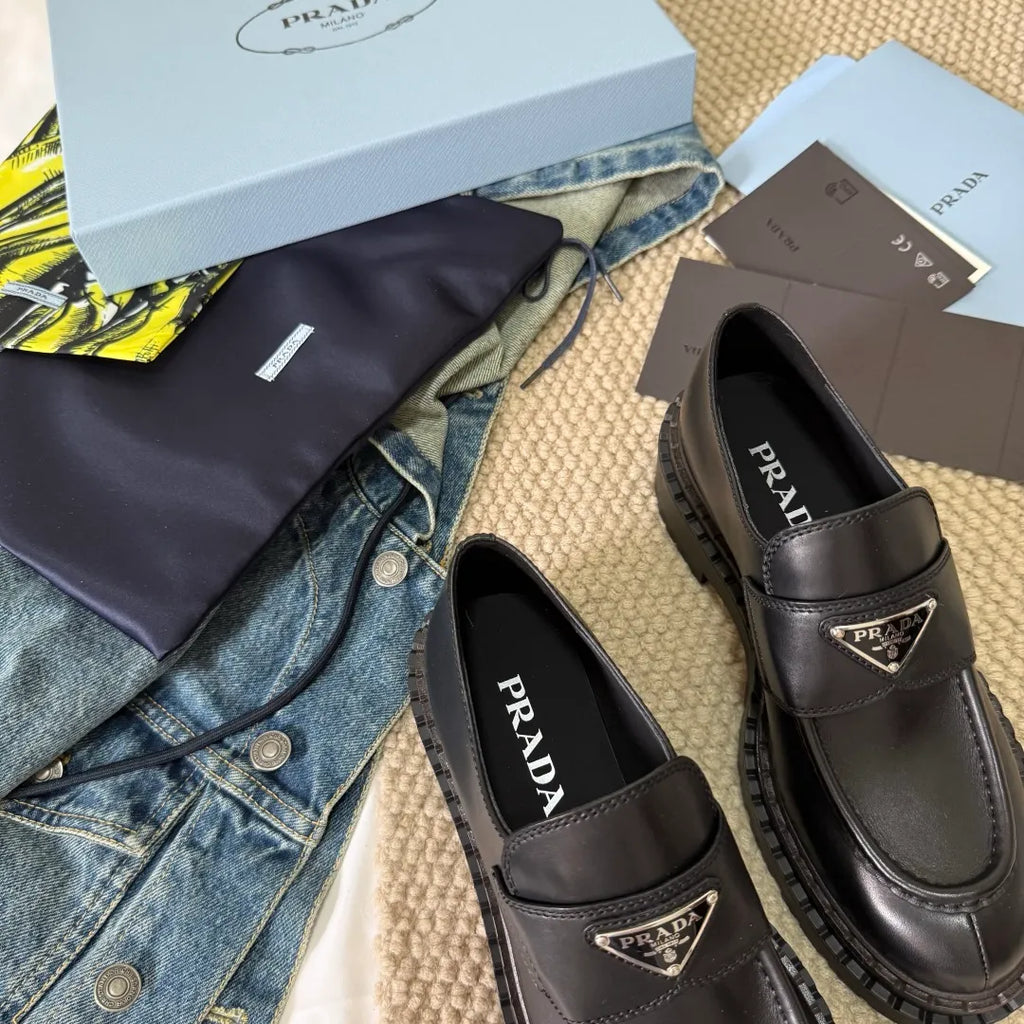 Prada Women's Triangle Logo Loafers Waxed Leather 385378