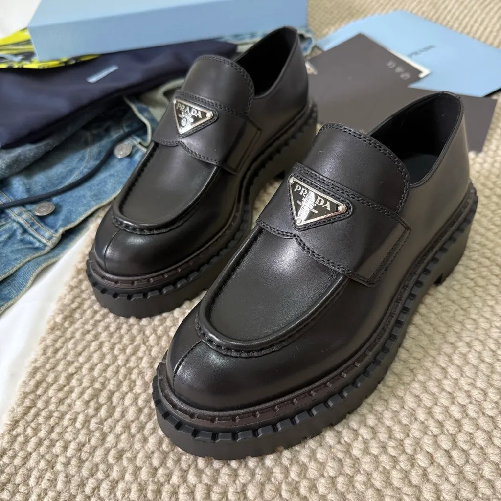 Prada Women's Triangle Logo Loafers Waxed Leather 385378