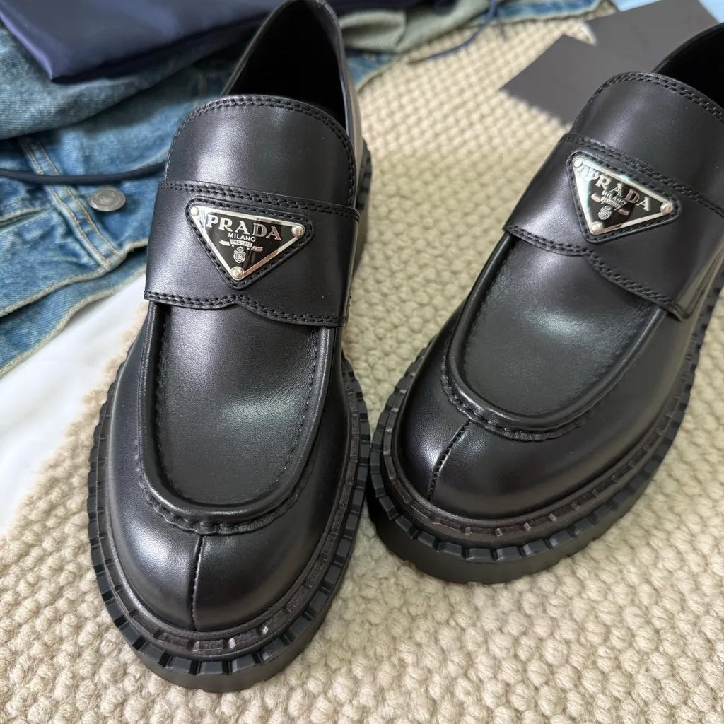 Prada Women's Triangle Logo Loafers Waxed Leather 385378