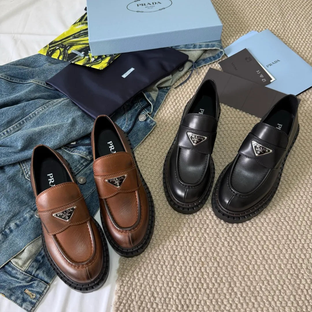 Prada Women's Triangle Logo Loafers Waxed Leather 385378