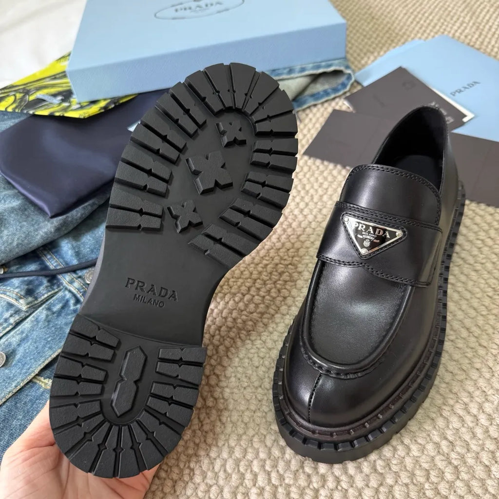 Prada Women's Triangle Logo Loafers Waxed Leather 385378
