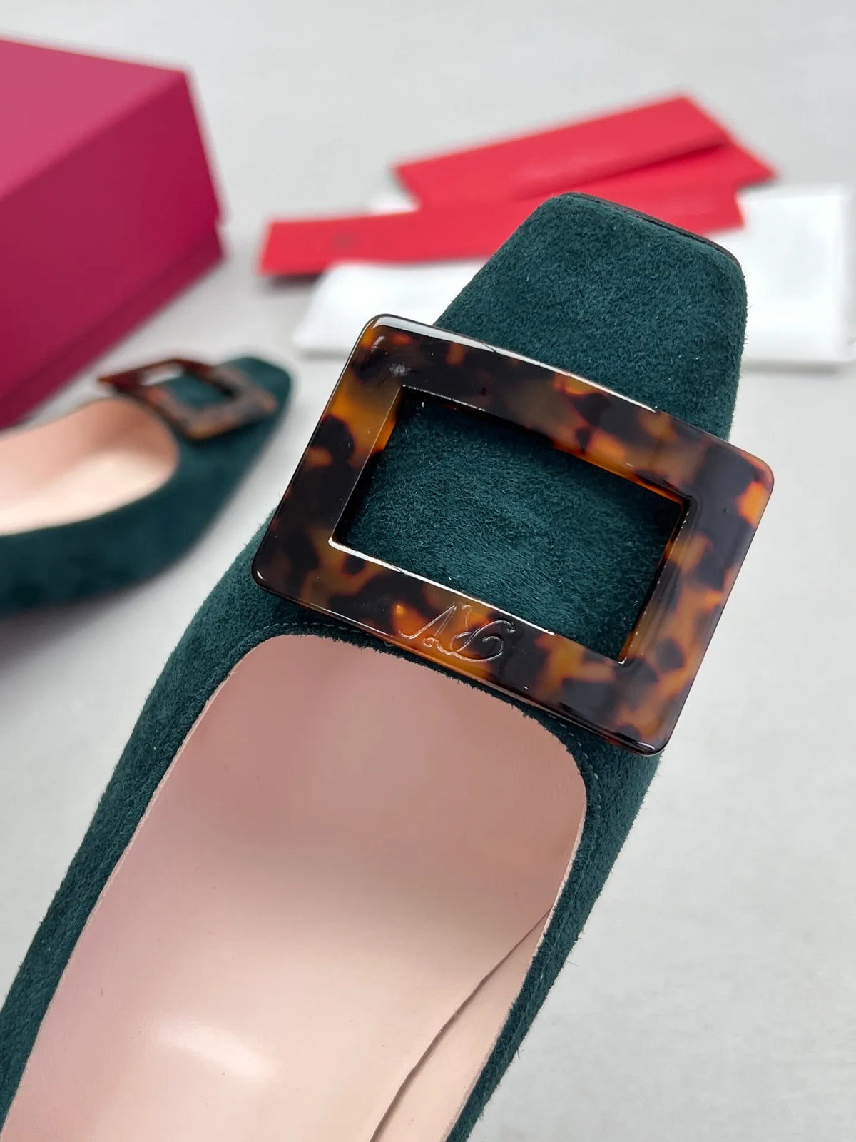 Suede Tortoiseshell Buckle Block Heels 255462