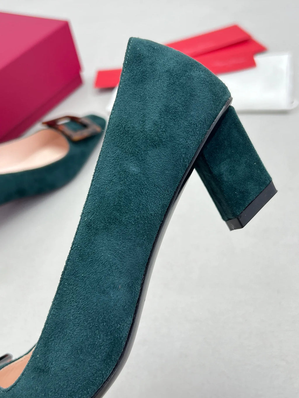 Suede Tortoiseshell Buckle Block Heels 255462