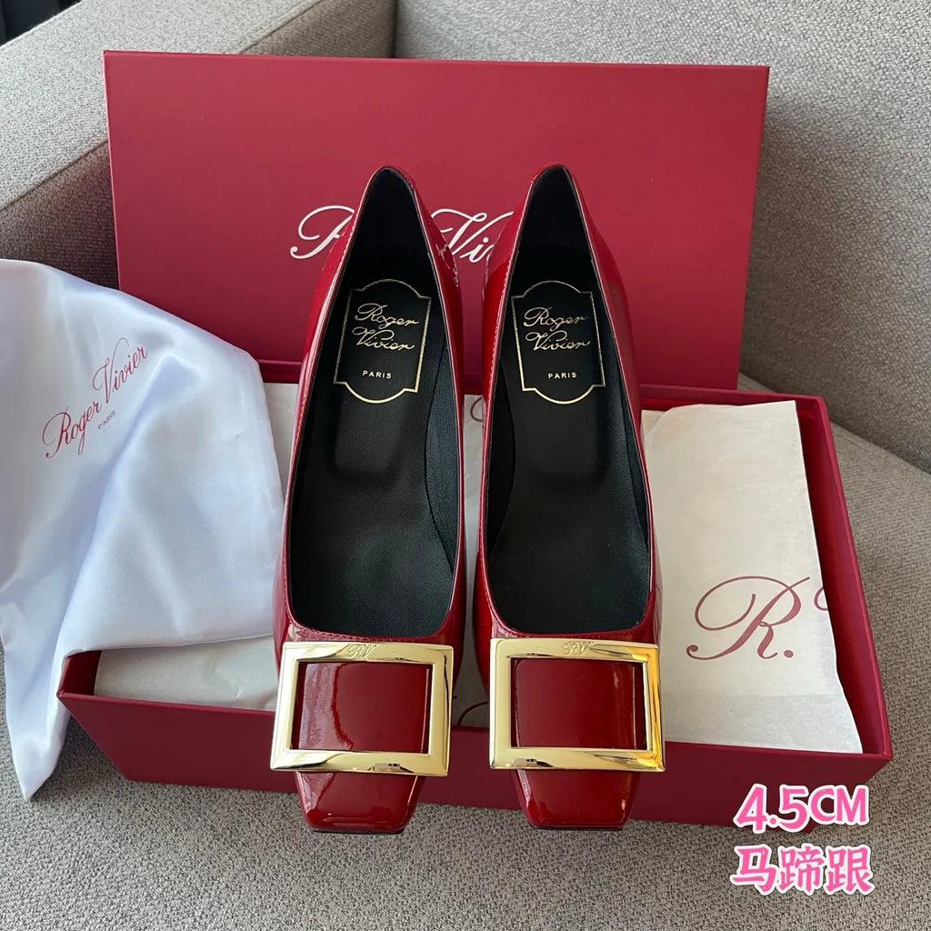 RV Women's Patent Leather Buckle Mid-Heel Pumps