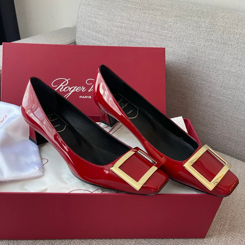 RV Women's Patent Leather Buckle Mid-Heel Pumps