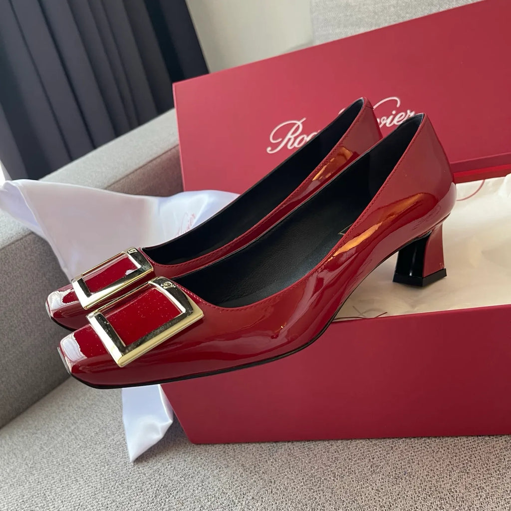RV Women's Patent Leather Buckle Mid-Heel Pumps