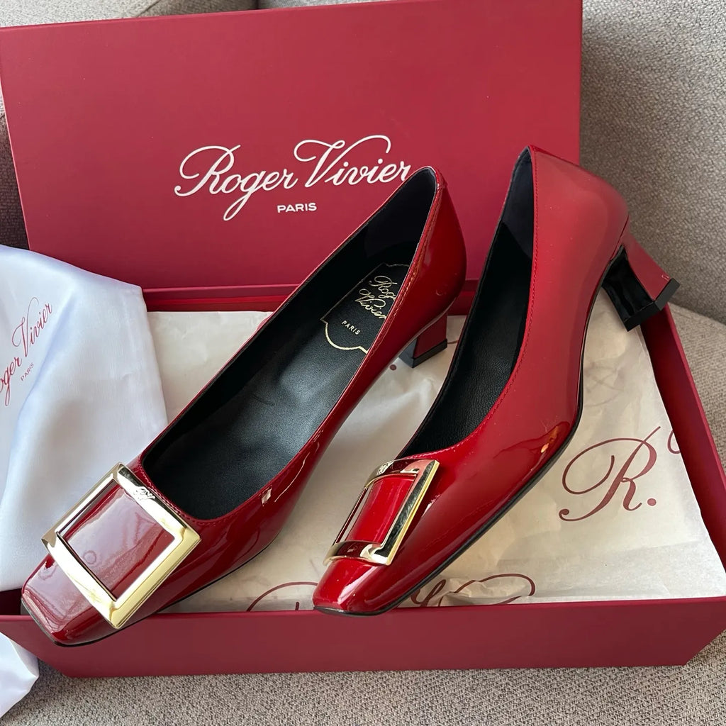 RV Women's Patent Leather Buckle Mid-Heel Pumps