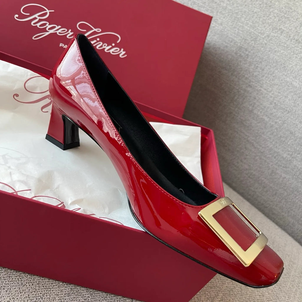 RV Women's Patent Leather Buckle Mid-Heel Pumps