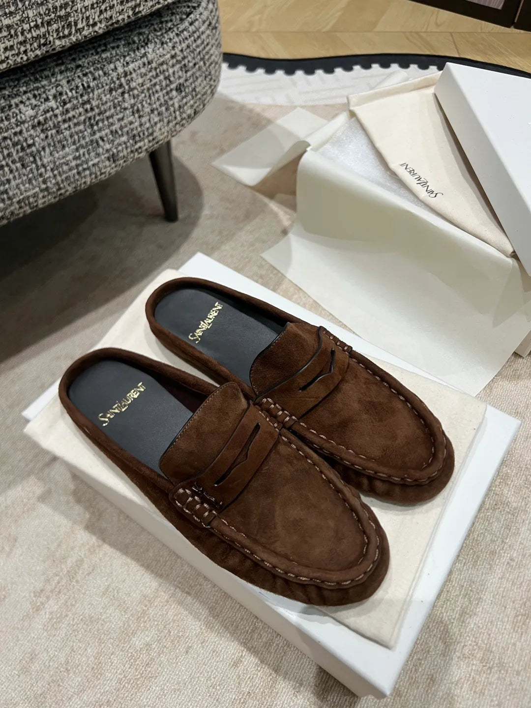 Saint Laurent Women's Pleated Suede Mules