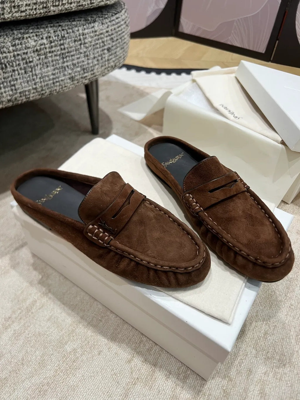 Saint Laurent Women's Pleated Suede Mules