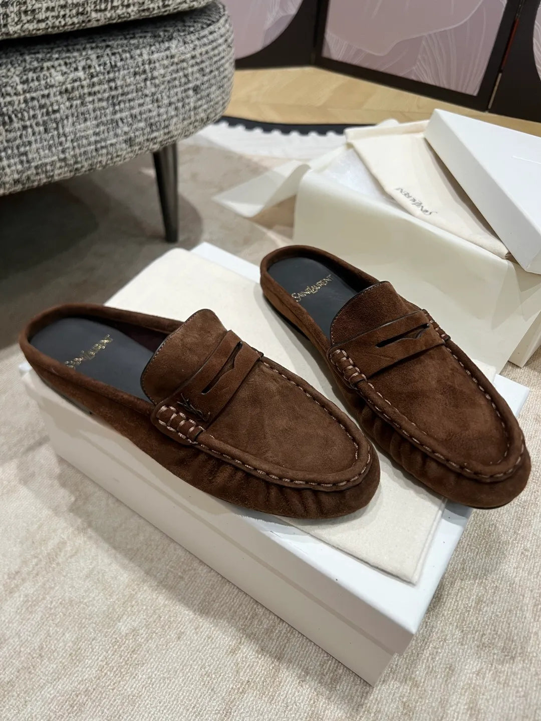 Saint Laurent Women's Pleated Suede Mules