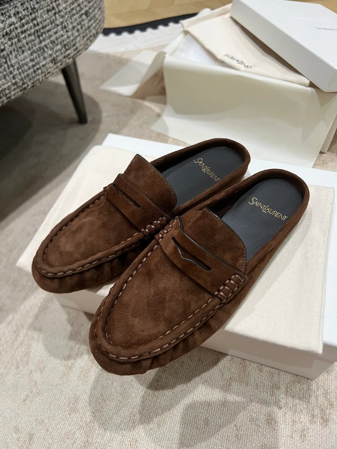 Saint Laurent Women's Pleated Suede Mules