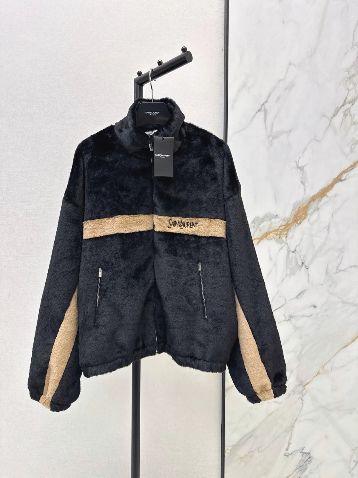 SLP Women's Contrast Stripe Faux Fur Stand Collar Track Jacket