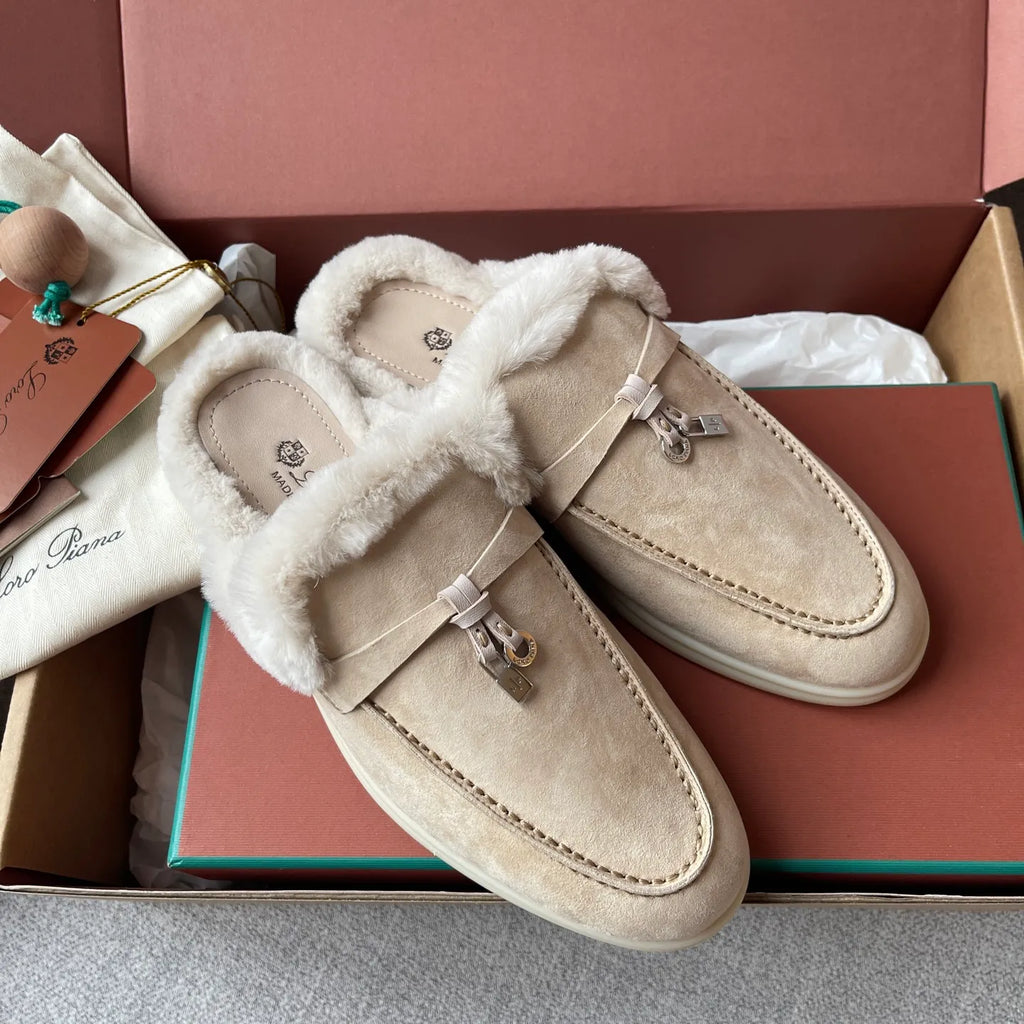 Suede Beaver Fur Slippers 281079